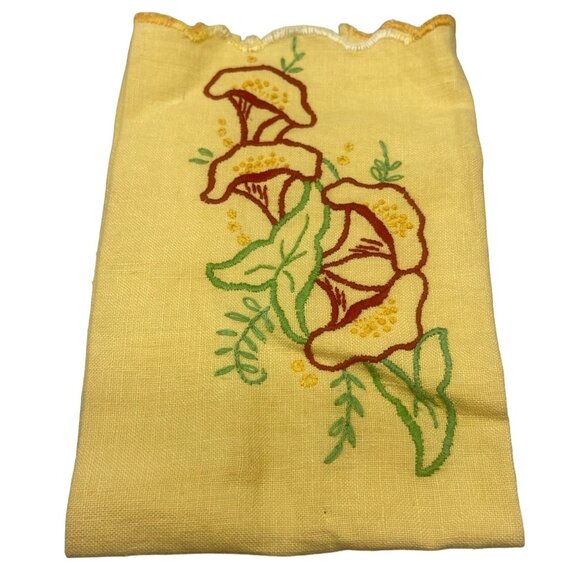 vintage handmade lining stitched floral yellow red towel 16x10" ruffle READ - Picture 1 of 4